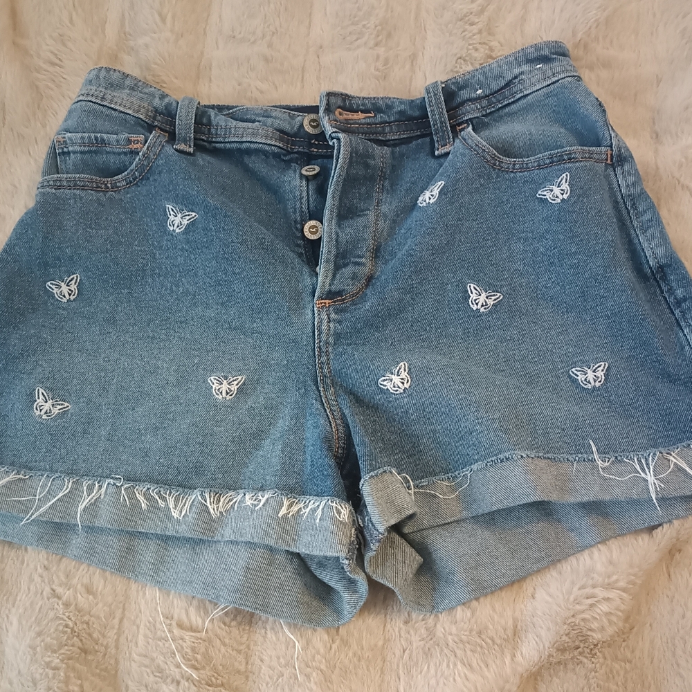 Hollister Blue Jean Shorts with White Butterfly Embroidery